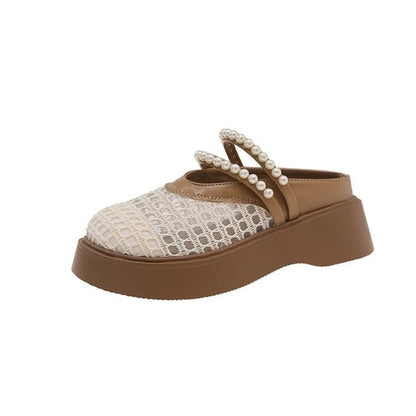 Platform Detail Mules Pearl Mesh Faux