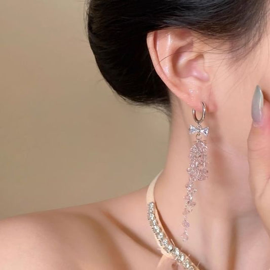 Bow Huggie Drop Rhinestone Fringed Earring