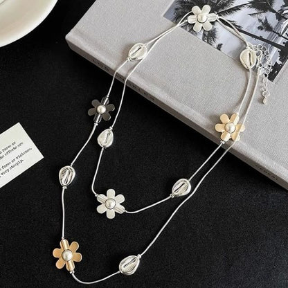 Flower Faux Pearl Necklace Long