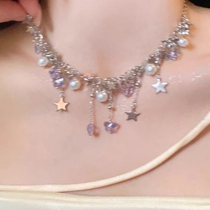 Butterfly Faux Fringed Necklace Pearl Star