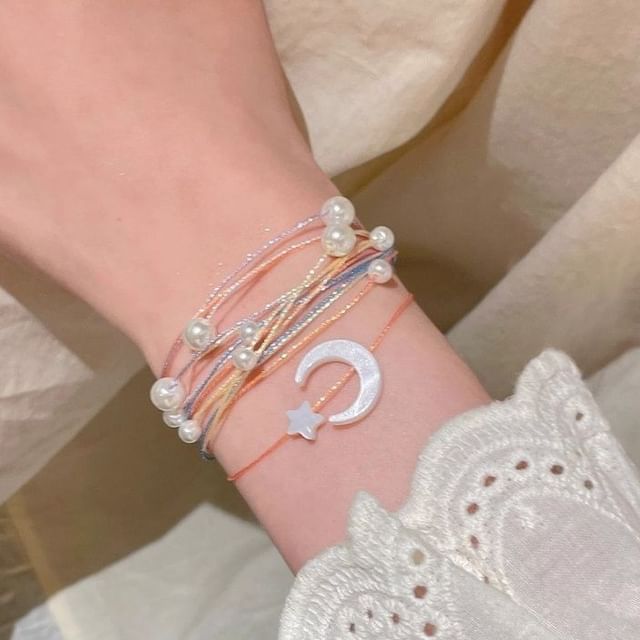 String Faux Bracelet Layered Pearl Moon