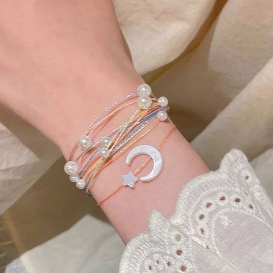 String Faux Bracelet Layered Pearl Moon