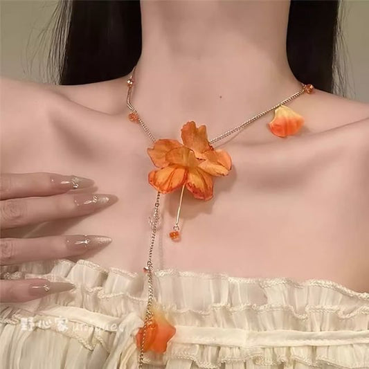 Flower Lariat Fringed Necklace