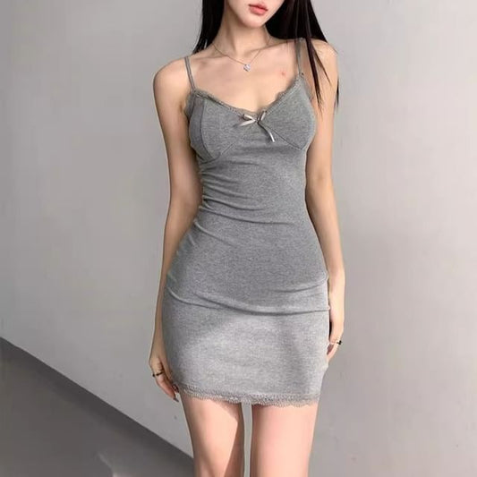 Spaghetti Strap Dress V-Neck Mini Trim Bodycon Lace Plain