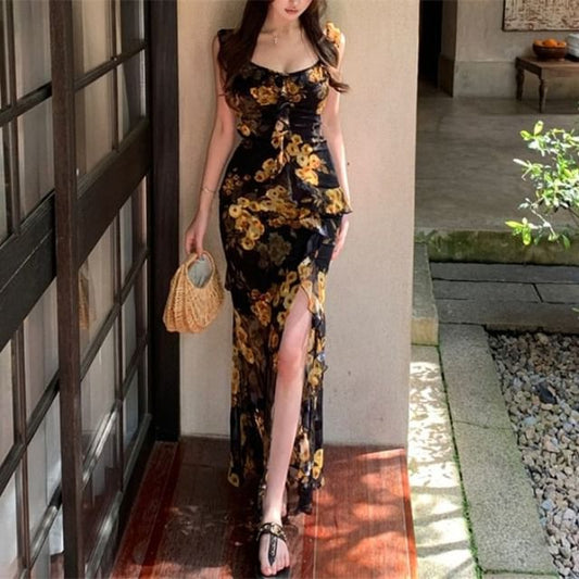 Print Dress Maxi Neck Floral Sleeveless Sweetheart
