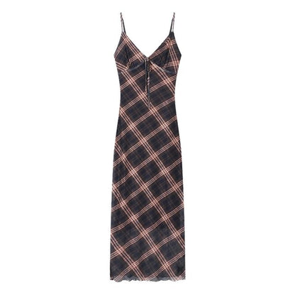 Dress Plaid Sleeveless V-Neck Maxi Print