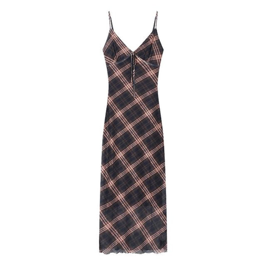 Dress Plaid Sleeveless V-Neck Maxi Print