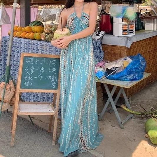 Sleeveless Halter Maxi Printed Dress Neck
