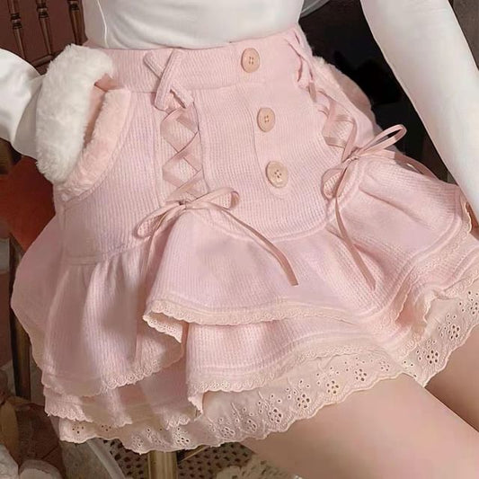 Knit Skirt Lace Mini Tiered Waist High Trim