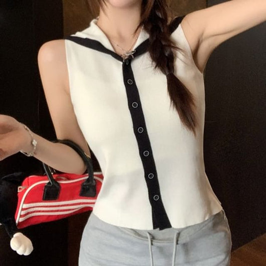 Collar Top Button-Up Sailor Sleeveless Knit
