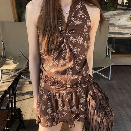 / Print V-Neck Sleeveless Top Skirt Mini