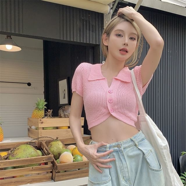 Collared Crop Knit Top Short-Sleeve Plain