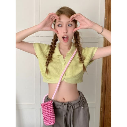 Collared Crop Knit Top Short-Sleeve Plain