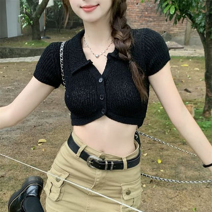 Collared Crop Knit Top Short-Sleeve Plain