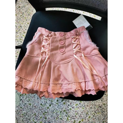 Knit Skirt Lace Mini Tiered Waist High Trim