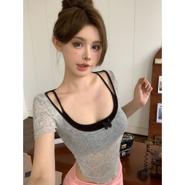 Top Neck Square Camisole Short-Sleeve Set: +