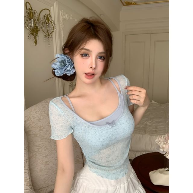 Top Neck Square Camisole Short-Sleeve Set: +