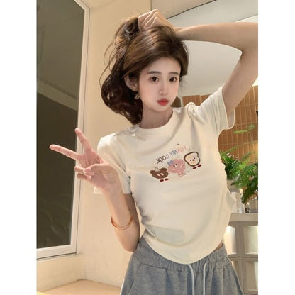 T-Shirt Crewneck Crop Short-Sleeve Embroidered