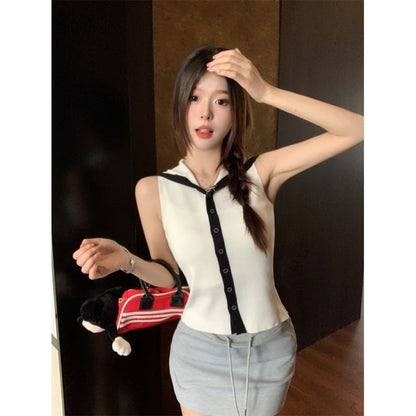 Collar Top Button-Up Sailor Sleeveless Knit
