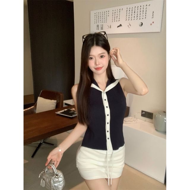 Collar Top Button-Up Sailor Sleeveless Knit