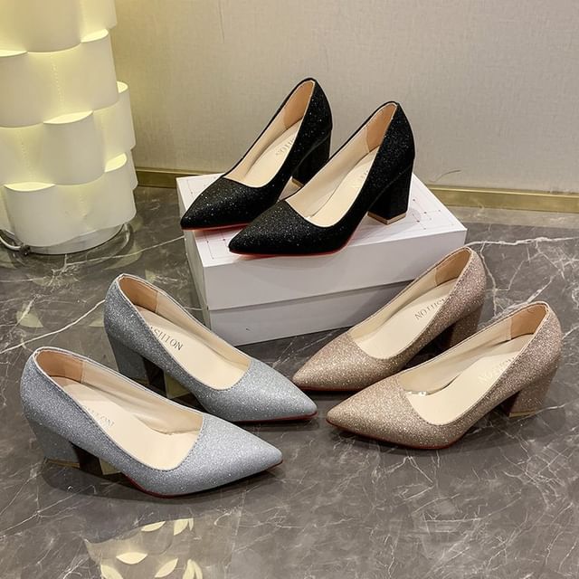 Heel Glitter Block Toe Pointed Pumps