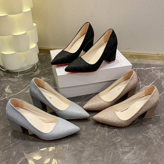 Heel Glitter Block Toe Pointed Pumps