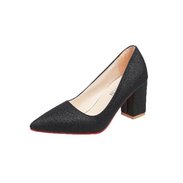 Heel Glitter Block Toe Pointed Pumps