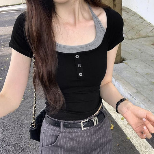 Short-Sleeve Top Tone Two-Piece Mock Two