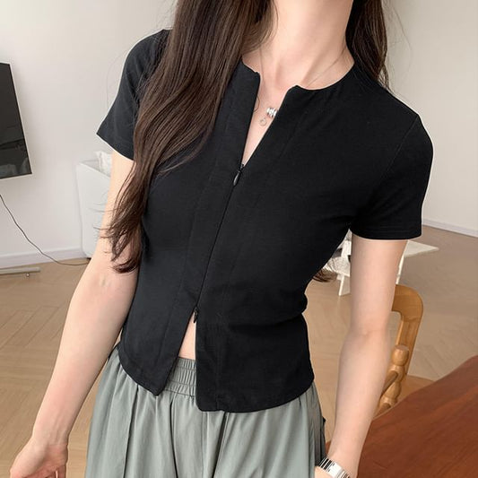 Knit Top Short-Sleeve Zip-Up Plain