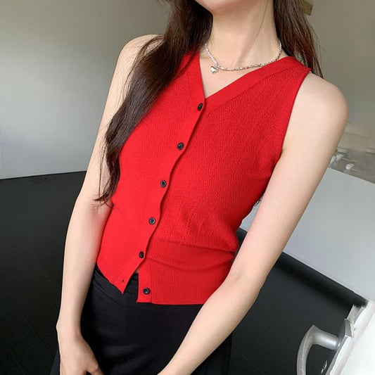 Button-Up Sleeveless Top V-Neck Plain