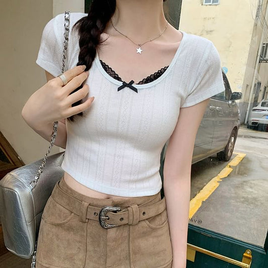 Neck Scoop Trim Top Sleeve Crop Short Lace