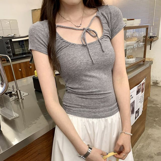 U-Neck Top Crop Short-Sleeve Plain