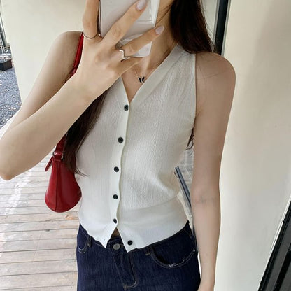 Button-Up Sleeveless Top V-Neck Plain