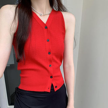Button-Up Sleeveless Top V-Neck Plain