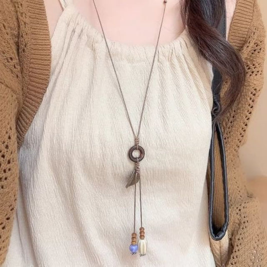 Hoop Pendant Necklace Cord Leaf