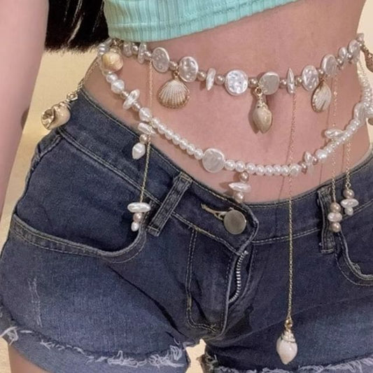 Faux Chain Alloy Waist Pearl Shell Disc