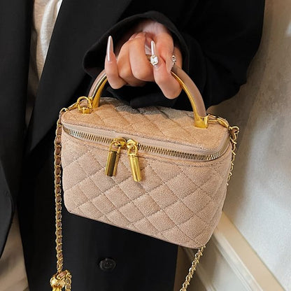 Leather Quilted Faux Chain Crossbody Strap Bag