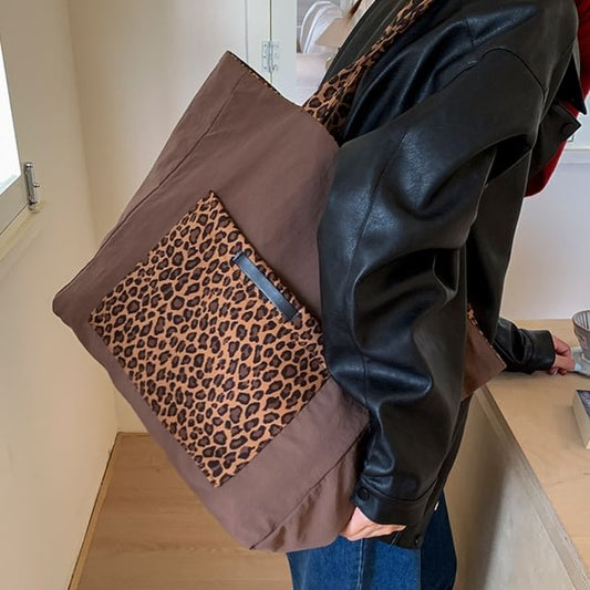 Panel Leopard Print Tote Bag