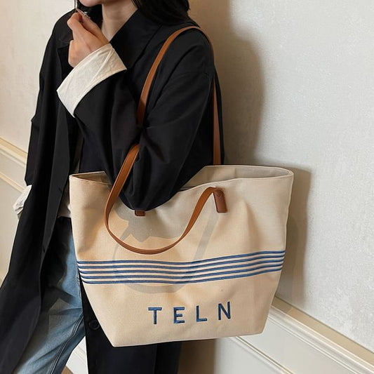 Bag Embroidered Tote Striped Lettering Canvas