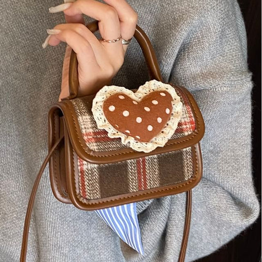 Heart Crossbody Flap Applique Bag Handle Plaid Top