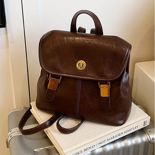 Buckle Leather Backpack Faux Flap