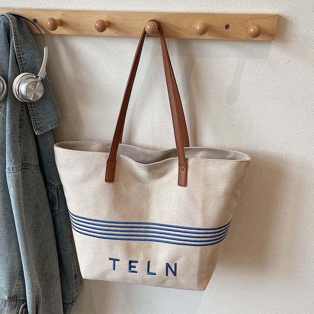 Bag Embroidered Tote Striped Lettering Canvas