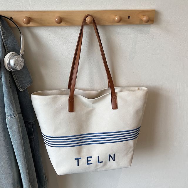 Bag Embroidered Tote Striped Lettering Canvas