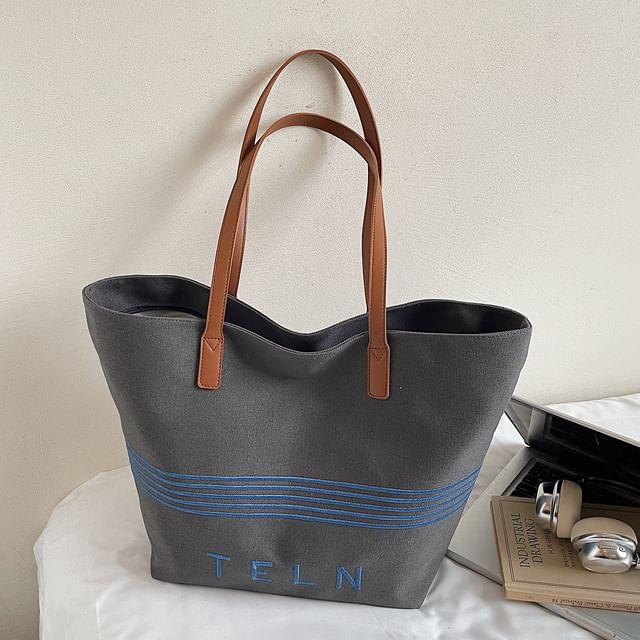 Bag Embroidered Tote Striped Lettering Canvas