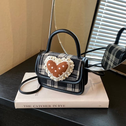 Heart Crossbody Flap Applique Bag Handle Plaid Top