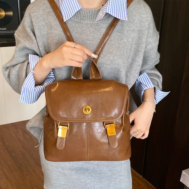 Buckle Leather Backpack Faux Flap
