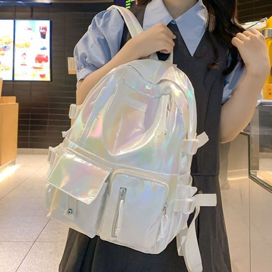 Buckled Leather Holographic Faux Backpack