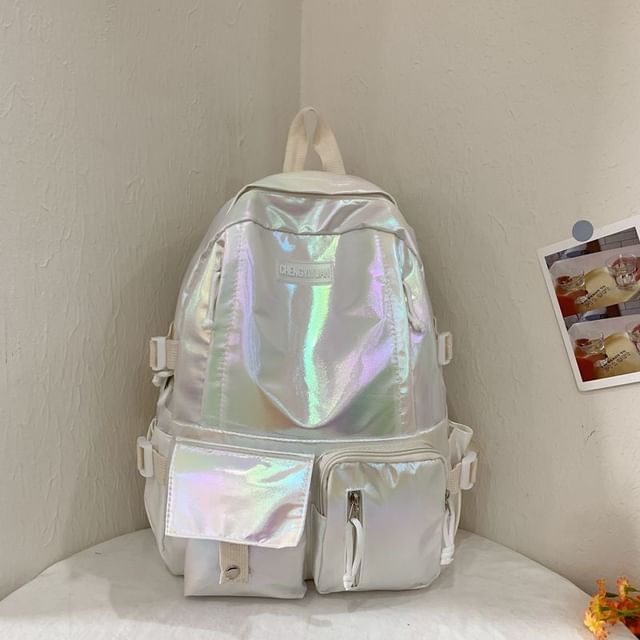 Buckled Leather Holographic Faux Backpack