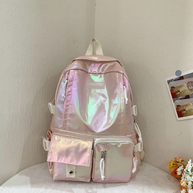 Buckled Leather Holographic Faux Backpack