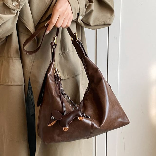 Plain Bag With Leather Charm Faux Crossbody